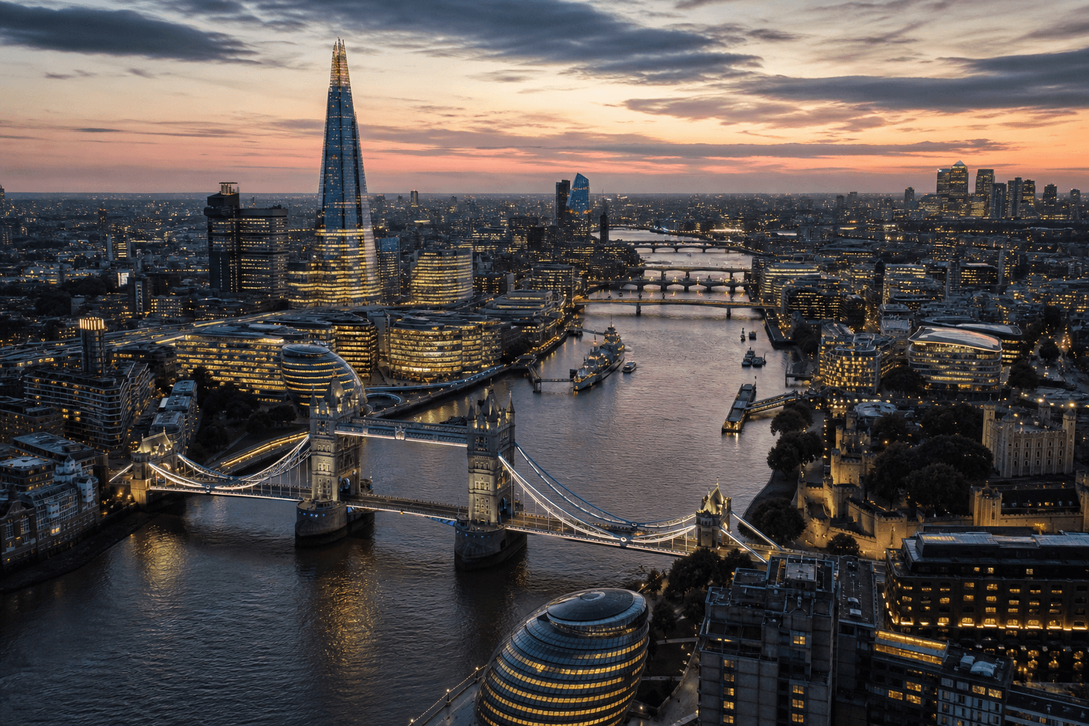 Aerial view of London skyline with Tower Bridge